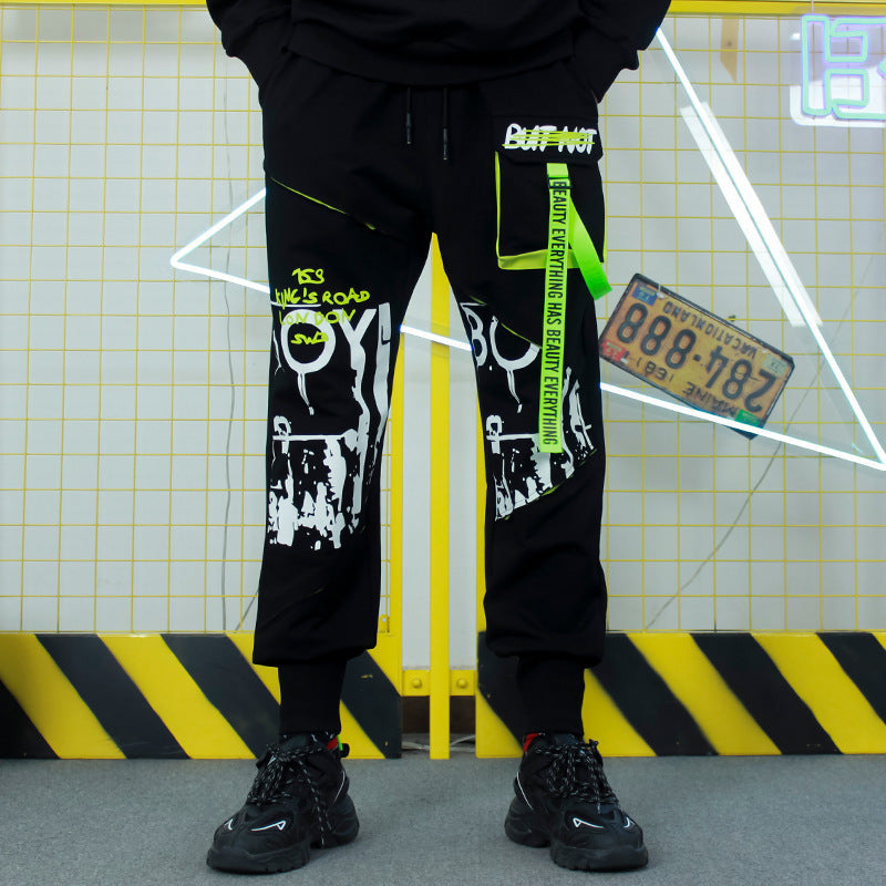 Trendy Stitching Streamer Decorated Loose Slacks - Black and green / L