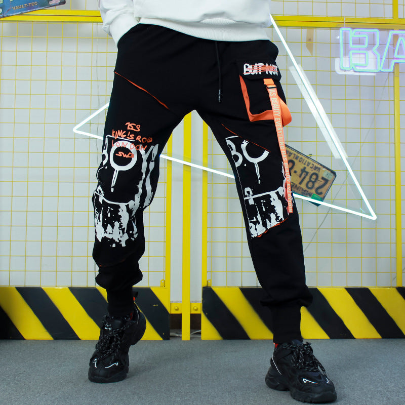 Trendy Stitching Streamer Decorated Loose Slacks - Black and orange / L