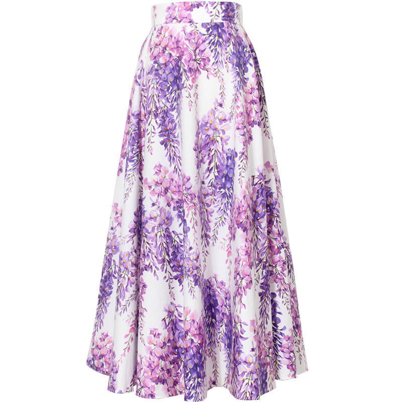 Cotton Wisteria Printed Large Swing Long Skirt - Wisteria Flower Skirt / M