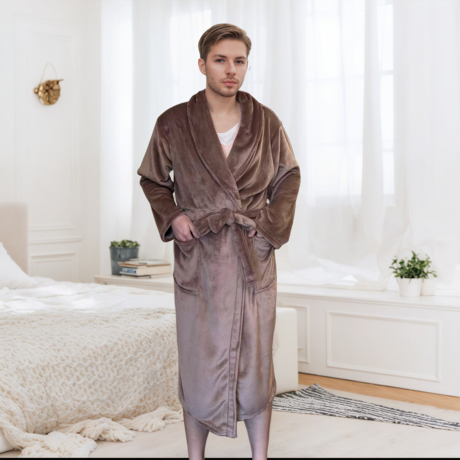 Couple Bathrobe Long Pajamas Homewear - Camel / L