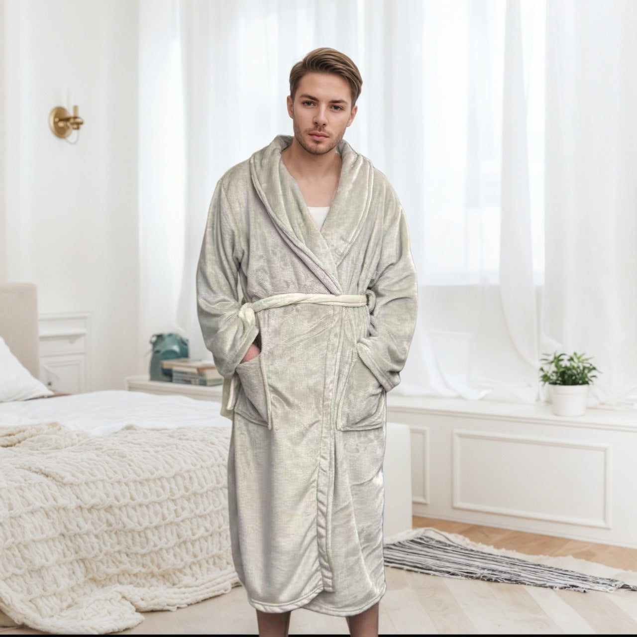 Couple Bathrobe Long Pajamas Homewear - Champagne / L