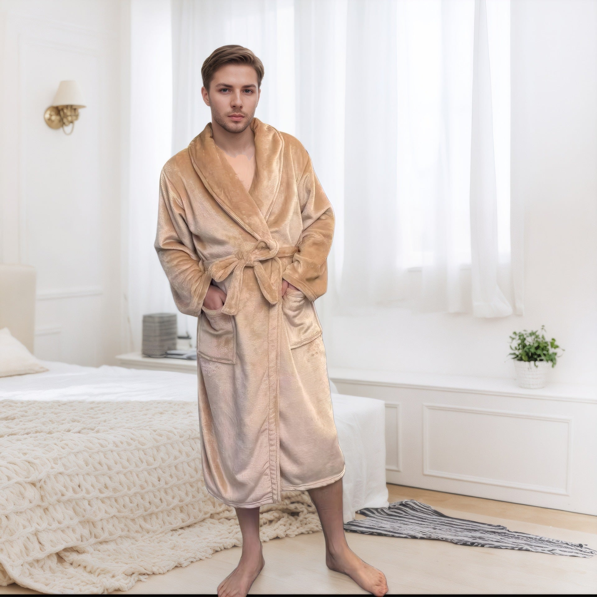 Couple Bathrobe Long Pajamas Homewear - Khaki / L