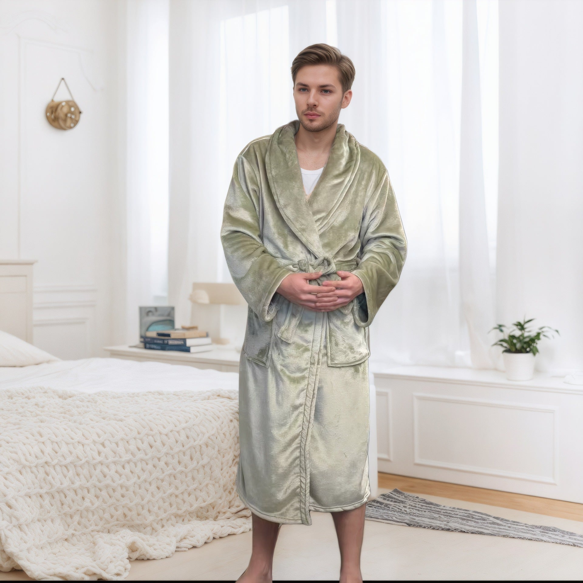 Couple Bathrobe Long Pajamas Homewear - Matcha / L