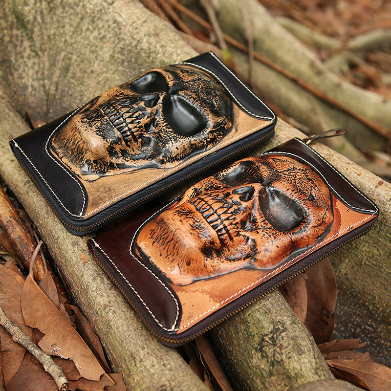 Cowhide Skull Ghost Head Men’s Zipper Wallet