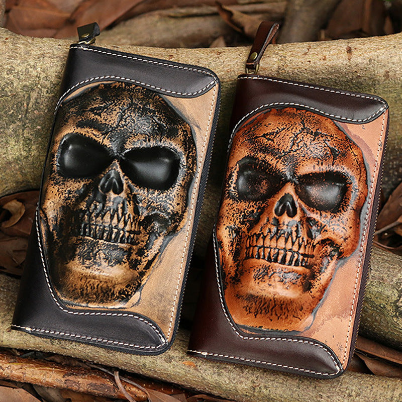 Cowhide Skull Ghost Head Men’s Zipper Wallet