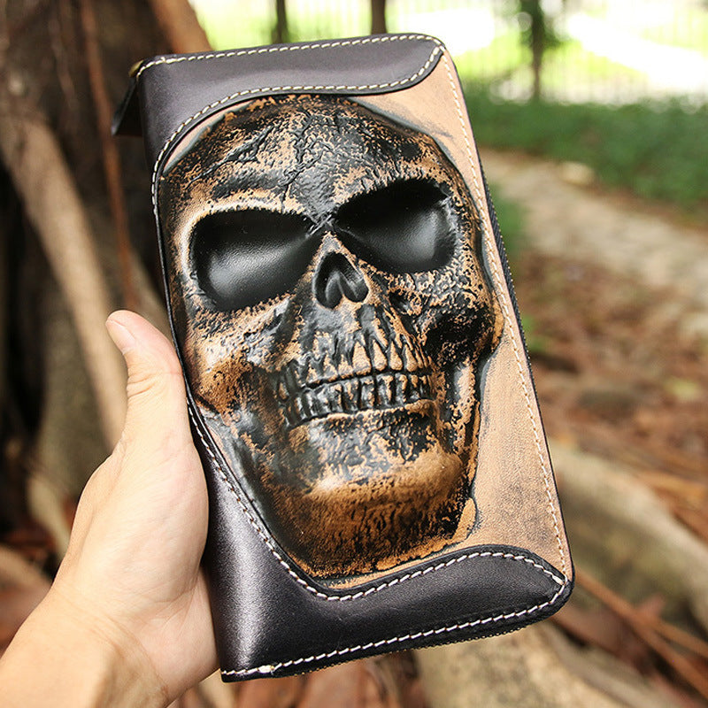 Cowhide Skull Ghost Head Men’s Zipper Wallet - Black
