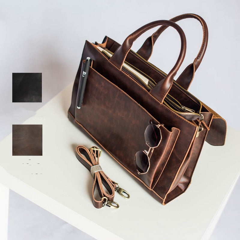 Crazy Horse Leather Brief Shoulder Crossbody Bag - Coffee