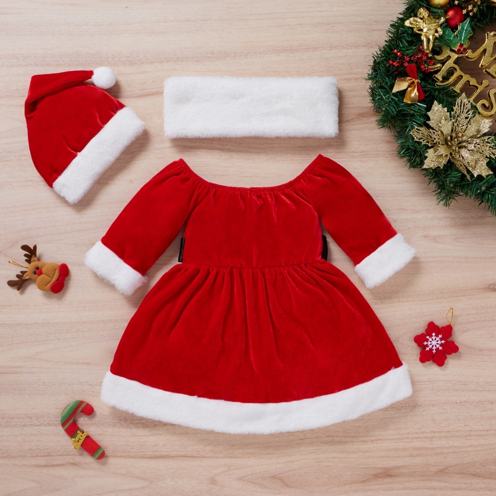 Toddler Baby Girls Christmas Clothes Set Dress Hat Scarf - Red / 12to18 Months