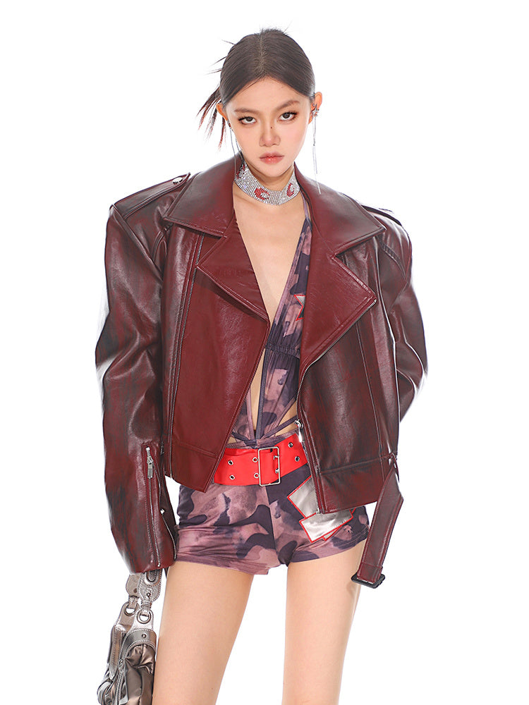 Stand Collar Jacket Motorcycle Leather Coat Women - Red / M