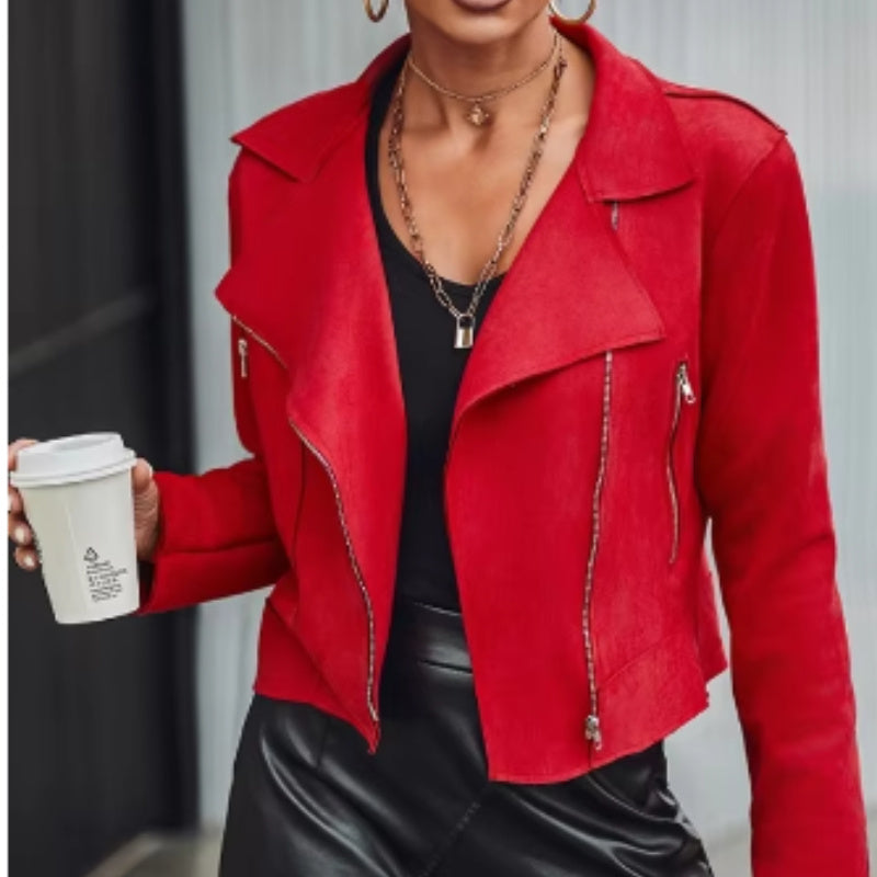European And American Fashion Women’s Wear Suede Motorcycle Jacket - Red / S