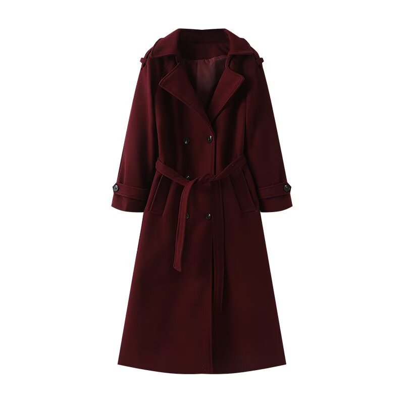 Loose Temperament Double Breasted Length And Width Woolen Coat - Dark Red / XS