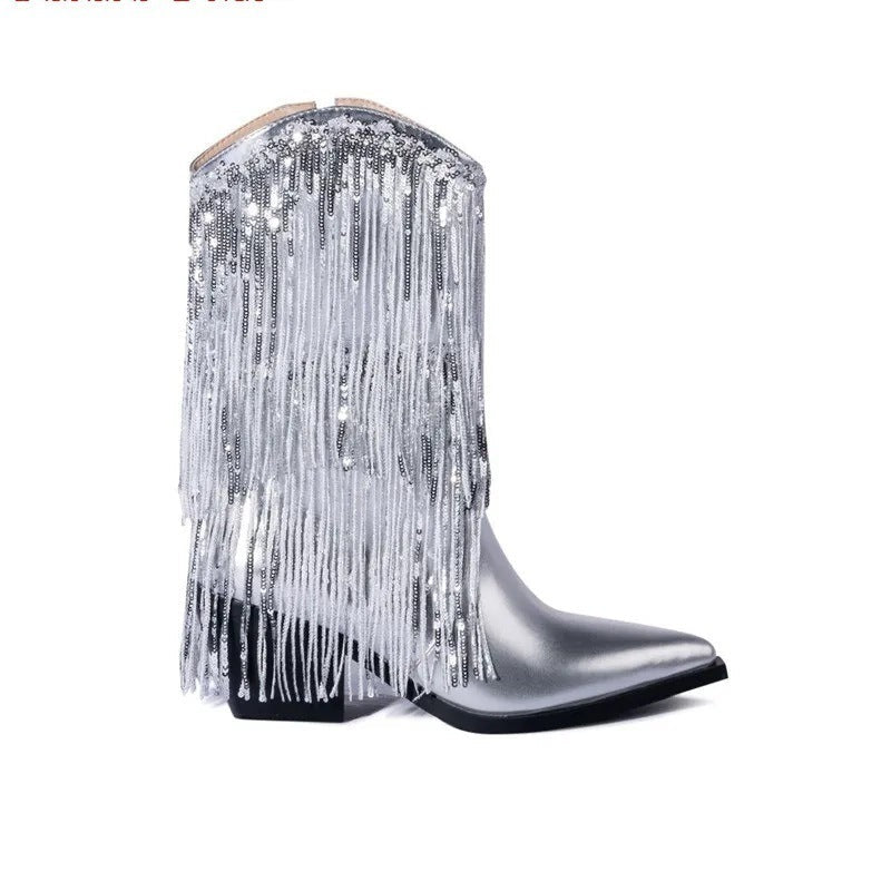 Cross-border Independent Station Fashion Runway Chunky Heel Tassel Boots Women’s Shoes