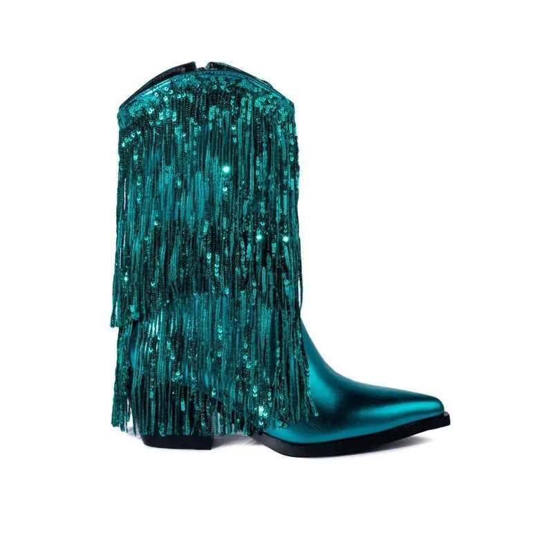 Cross-border Independent Station Fashion Runway Chunky Heel Tassel Boots Women’s Shoes - 1 / 35