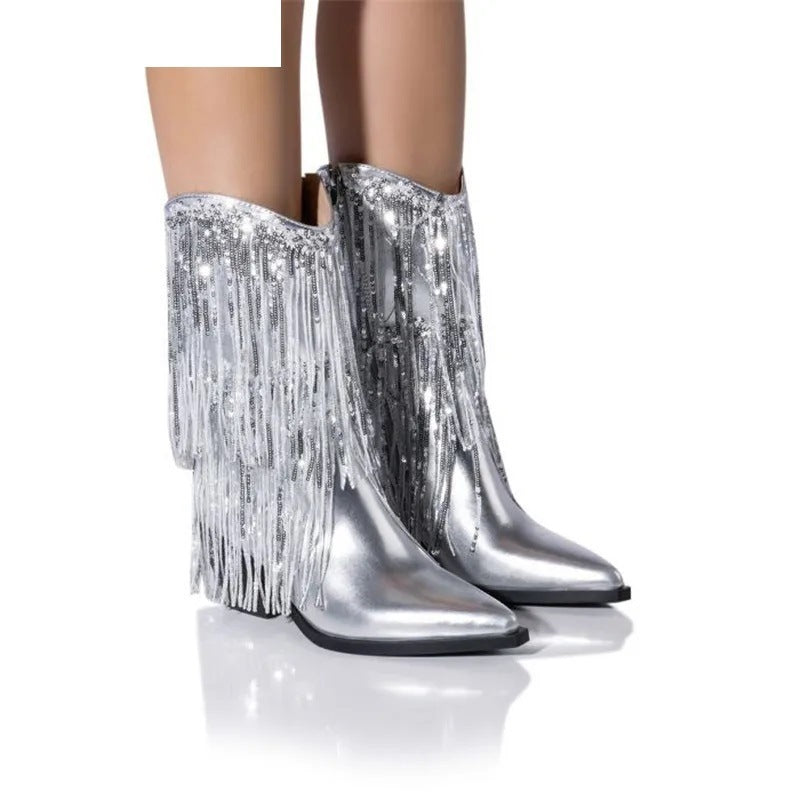 Cross-border Independent Station Fashion Runway Chunky Heel Tassel Boots Women’s Shoes - 2 / 35