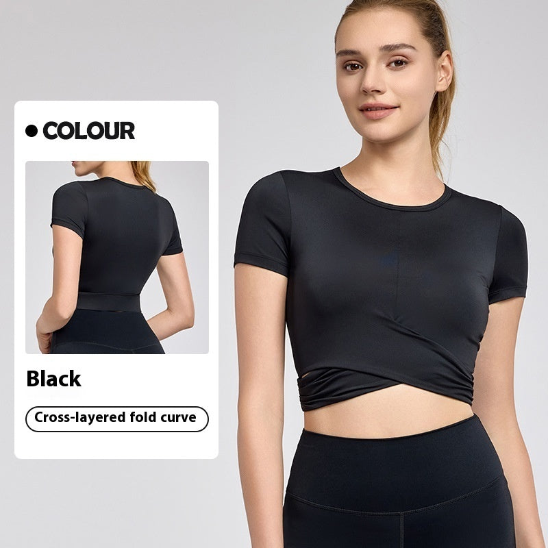 Cross Pleated Yoga Clothing Top Workout Clothes Short Sleeve - Black / S