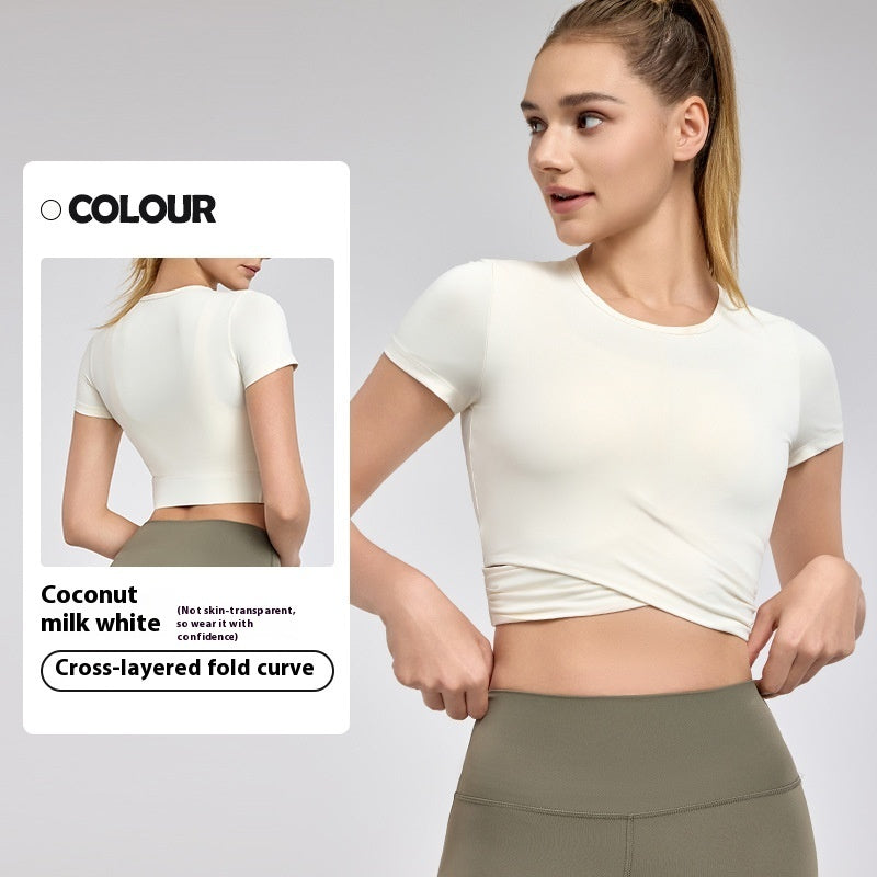 Cross Pleated Yoga Clothing Top Workout Clothes Short Sleeve - Coconut Milk White / S