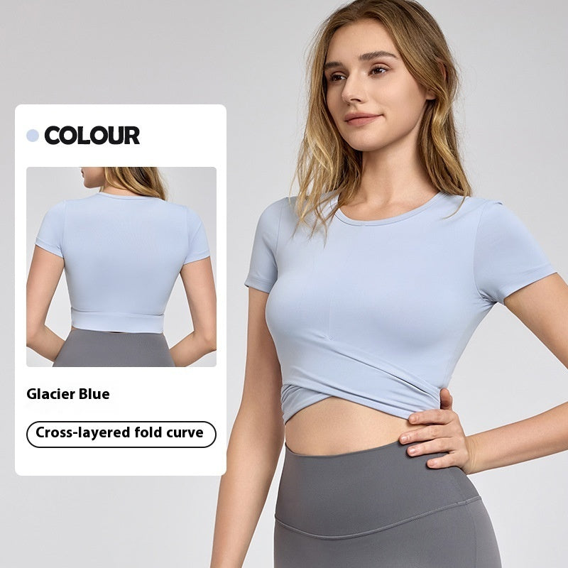 Cross Pleated Yoga Clothing Top Workout Clothes Short Sleeve - Glacier Blue / S