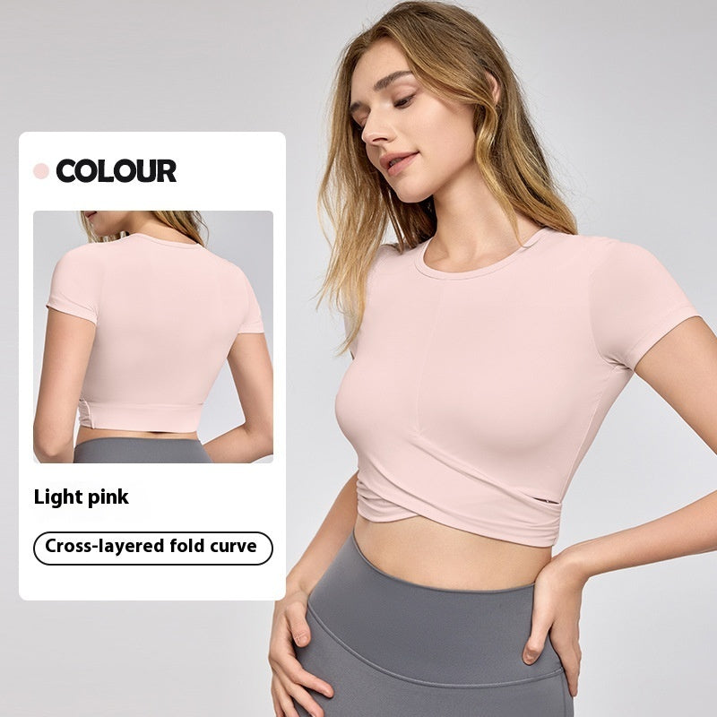Cross Pleated Yoga Clothing Top Workout Clothes Short Sleeve - Light Pink / S