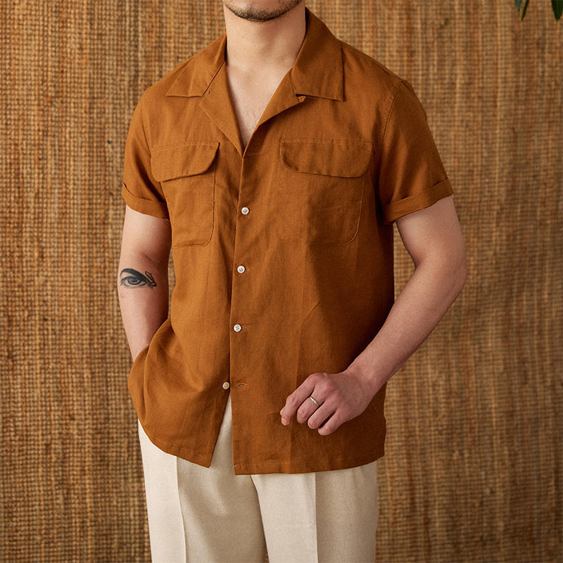 Men’s Short-sleeved Summer Cotton And Linen Cuban Collar Shirt - Caramel Color / M