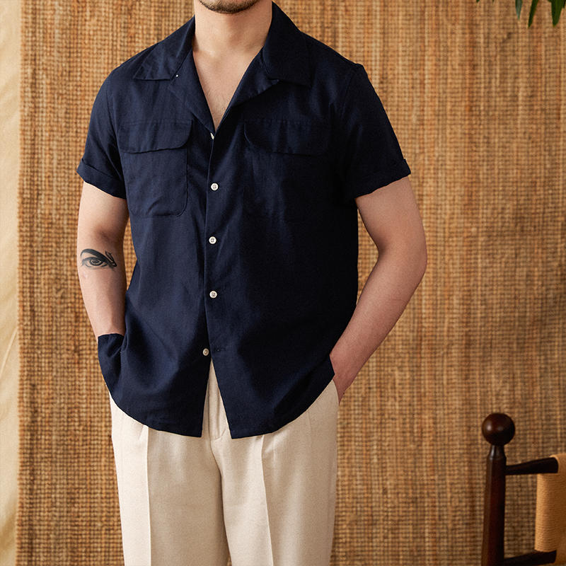 Men’s Short-sleeved Summer Cotton And Linen Cuban Collar Shirt - Dark Blue / M