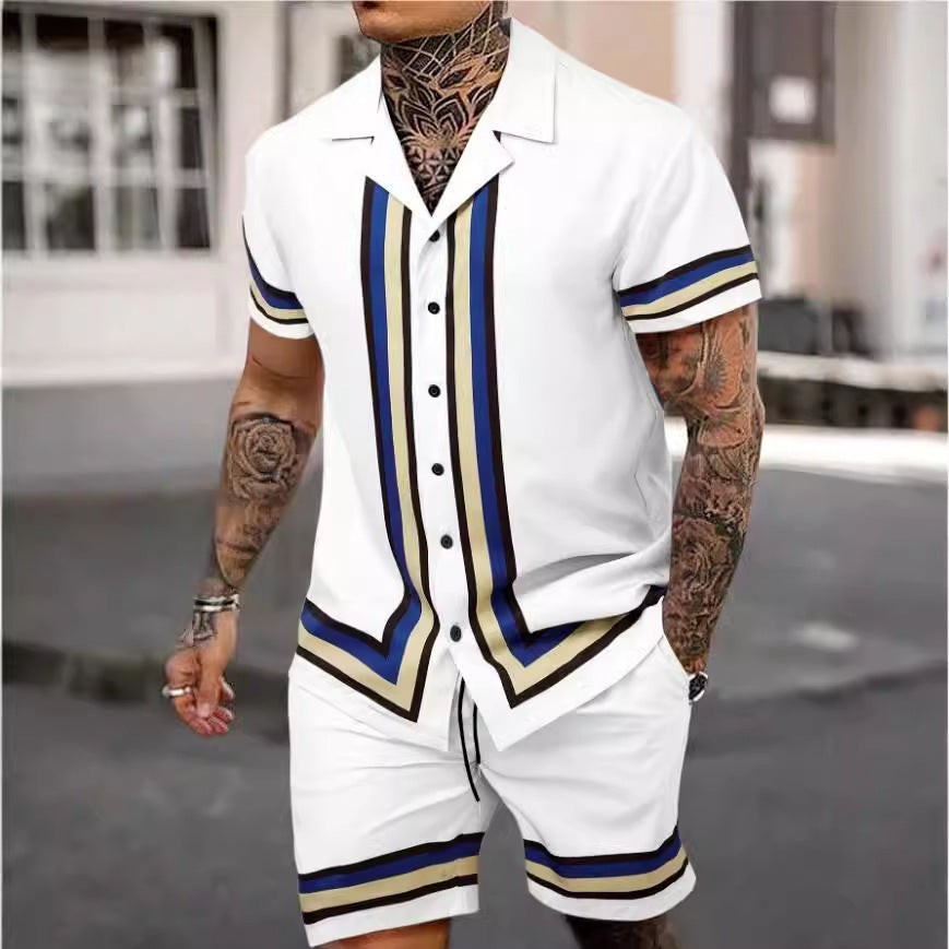 Fashion Men’s Cuban Collar Shirt Two-piece Set