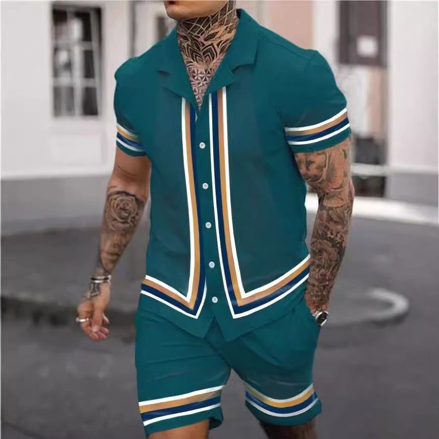 Fashion Men’s Cuban Collar Shirt Two-piece Set