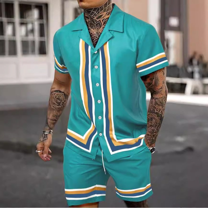 Fashion Men’s Cuban Collar Shirt Two-piece Set