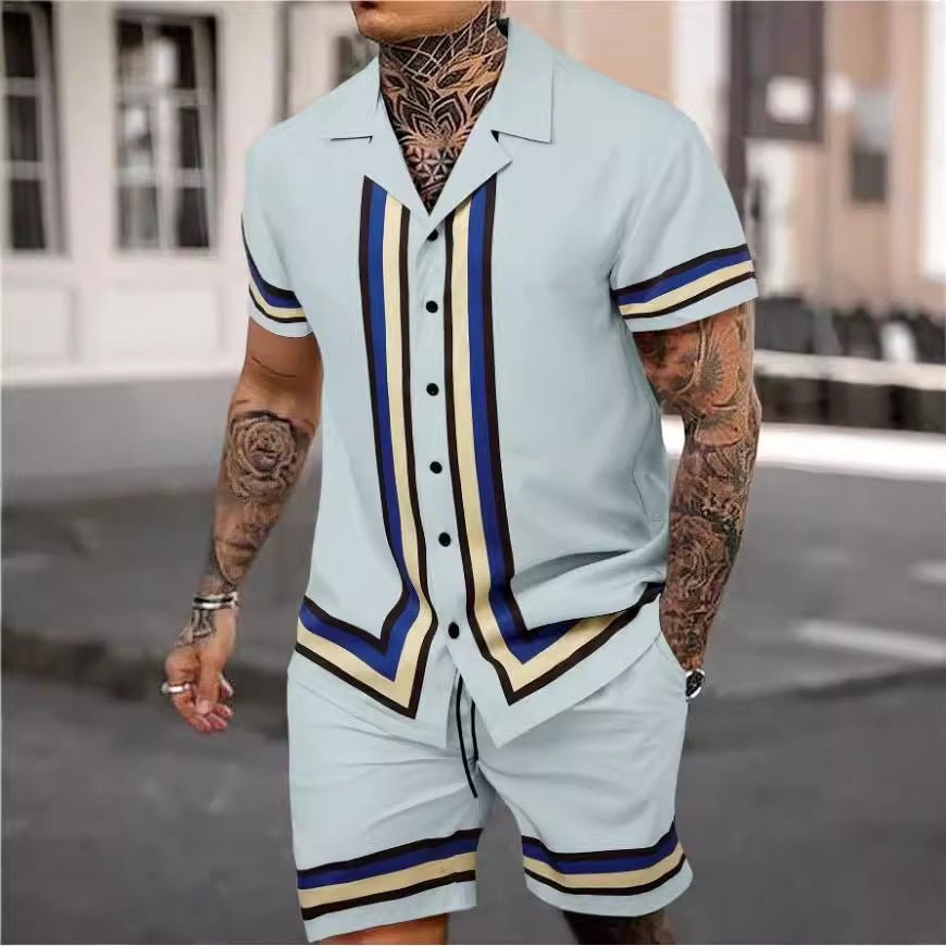 Fashion Men’s Cuban Collar Shirt Two-piece Set