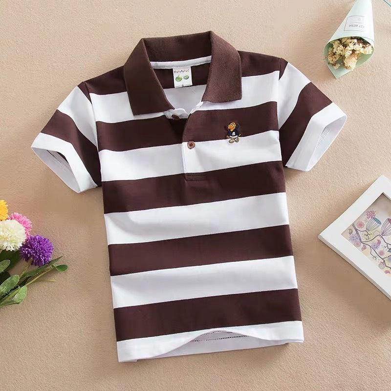CUHK Children’s T-shirt Cotton Striped Lapel Polo Shirt - Coffee White / 100cm