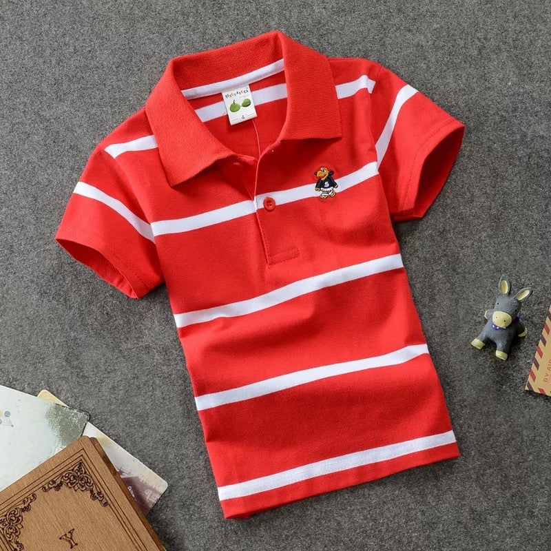 CUHK Children’s T-shirt Cotton Striped Lapel Polo Shirt - Red / 100cm