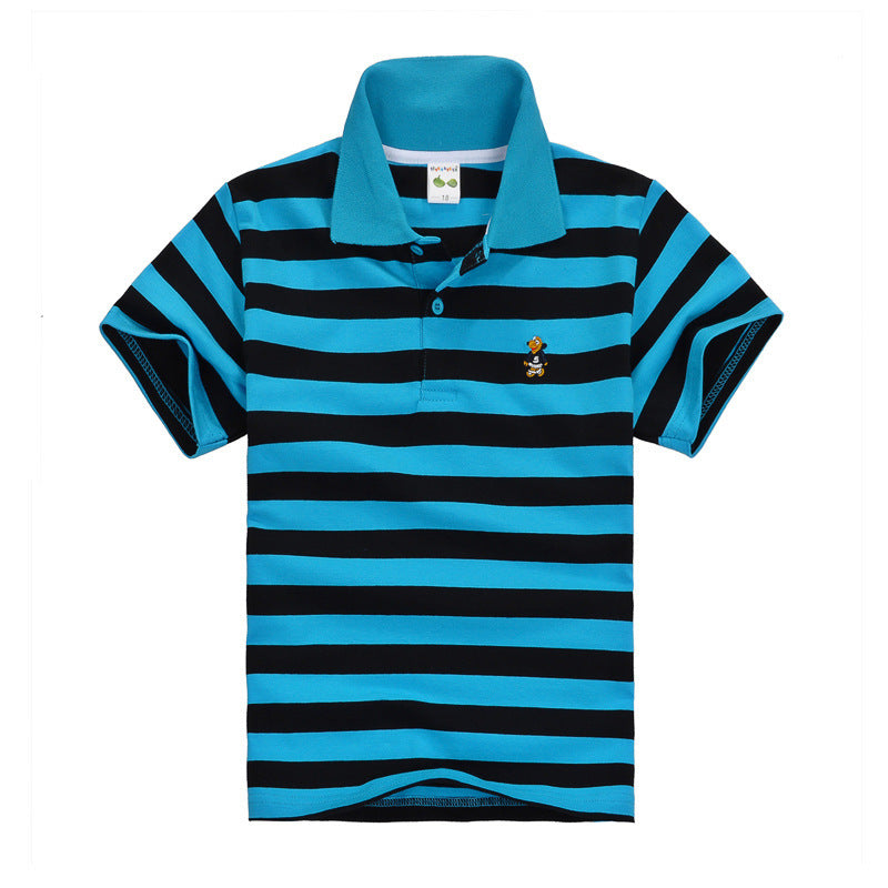 CUHK Children’s T-shirt Cotton Striped Lapel Polo Shirt - Blue black bars / 100cm