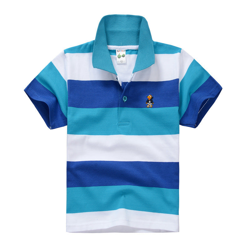 CUHK Children’s T-shirt Cotton Striped Lapel Polo Shirt - Blue white bars / 100cm