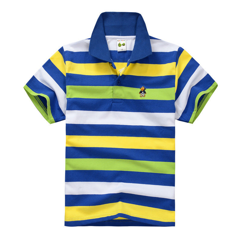 CUHK Children’s T-shirt Cotton Striped Lapel Polo Shirt - Color blue light yellow white / 100cm