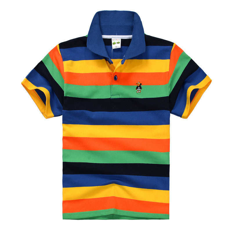 CUHK Children’s T-shirt Cotton Striped Lapel Polo Shirt - Color blue orange bar / 100cm