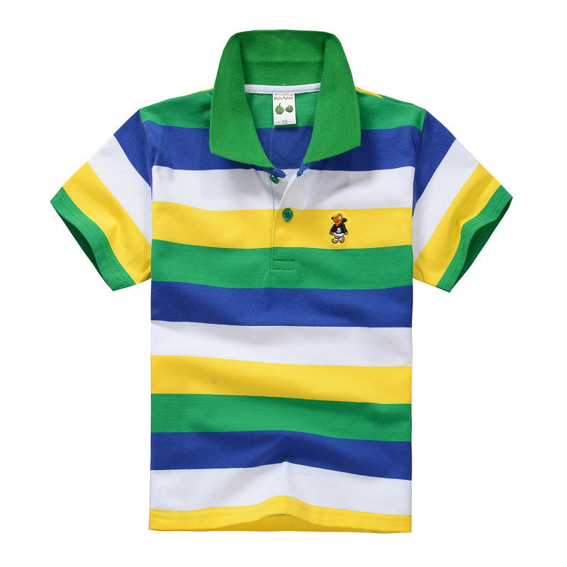 CUHK Children’s T-shirt Cotton Striped Lapel Polo Shirt - Green color blue white / 100cm
