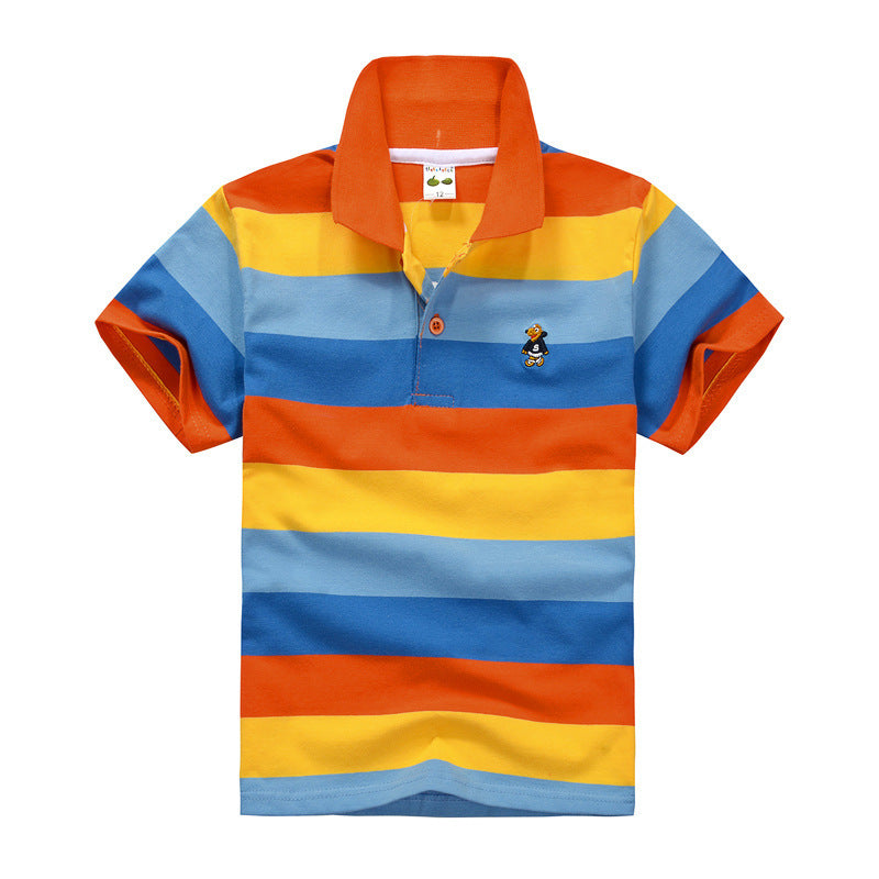 CUHK Children’s T-shirt Cotton Striped Lapel Polo Shirt - Orange yellow strips / 100cm