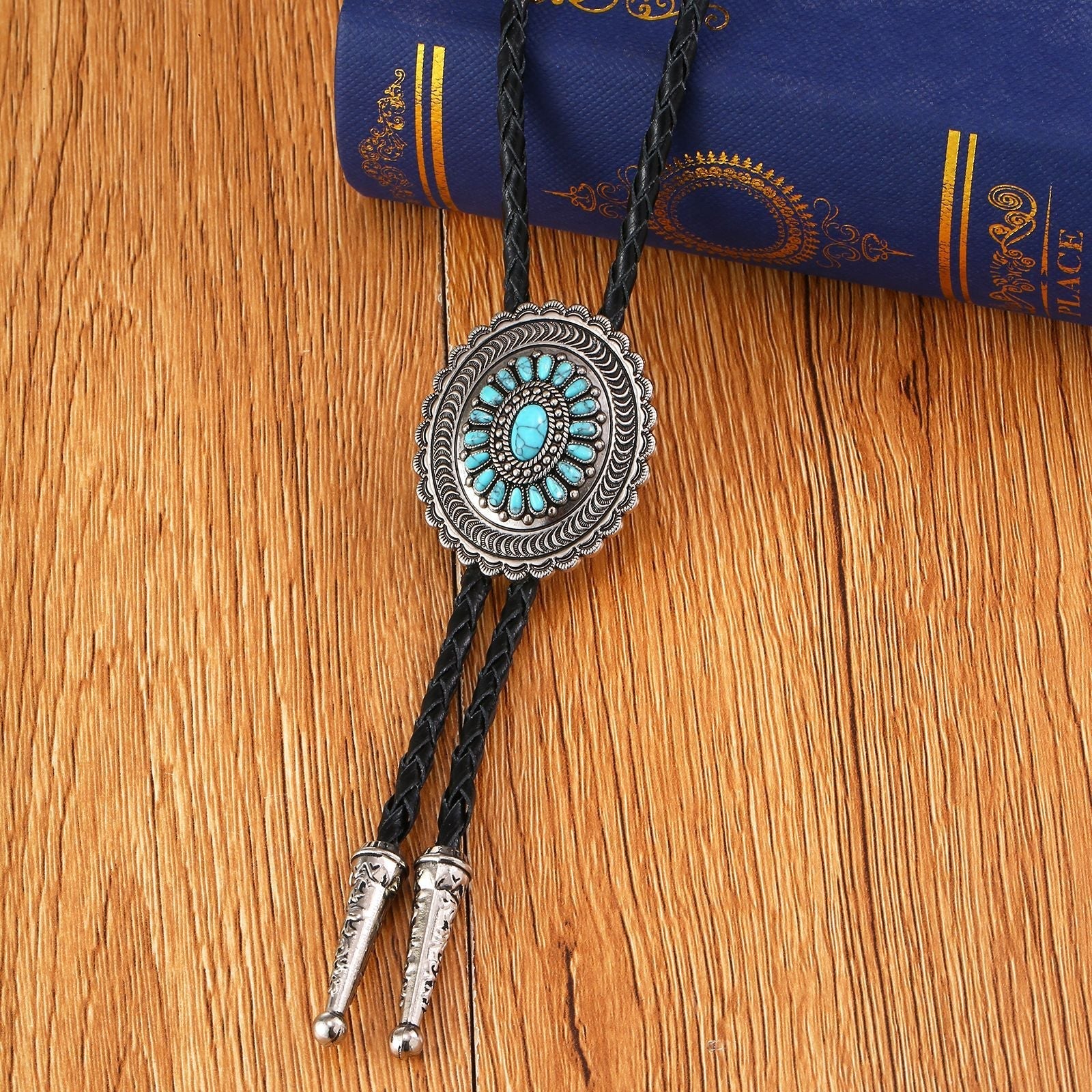 American Indian Western Style Turquoise Carved Bolo Tie - Cyan