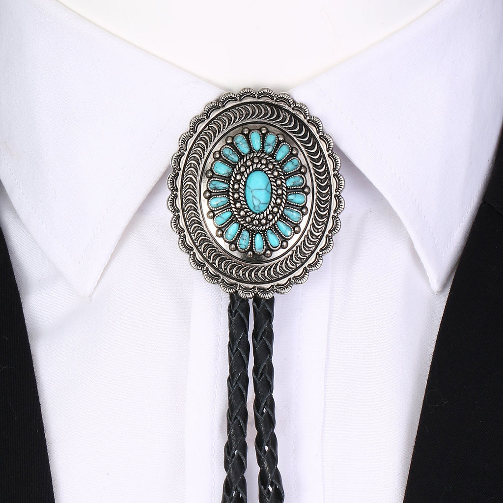 American Indian Western Style Turquoise Carved Bolo Tie - Cyan