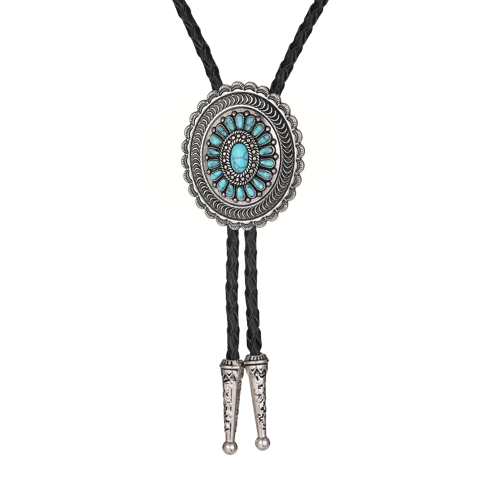 American Indian Western Style Turquoise Carved Bolo Tie - Cyan