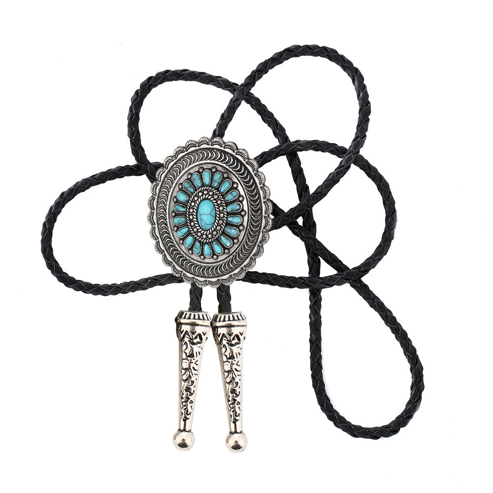 American Indian Western Style Turquoise Carved Bolo Tie - Cyan