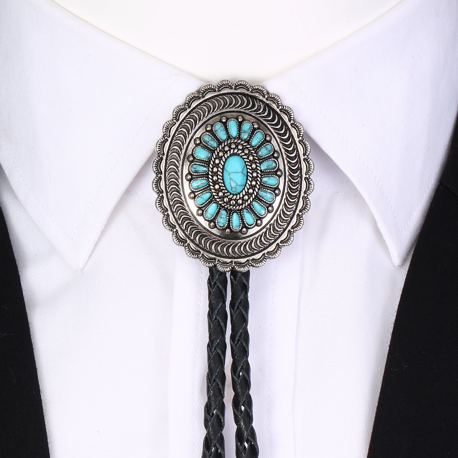 American Indian Western Style Turquoise Carved Bolo Tie - Cyan