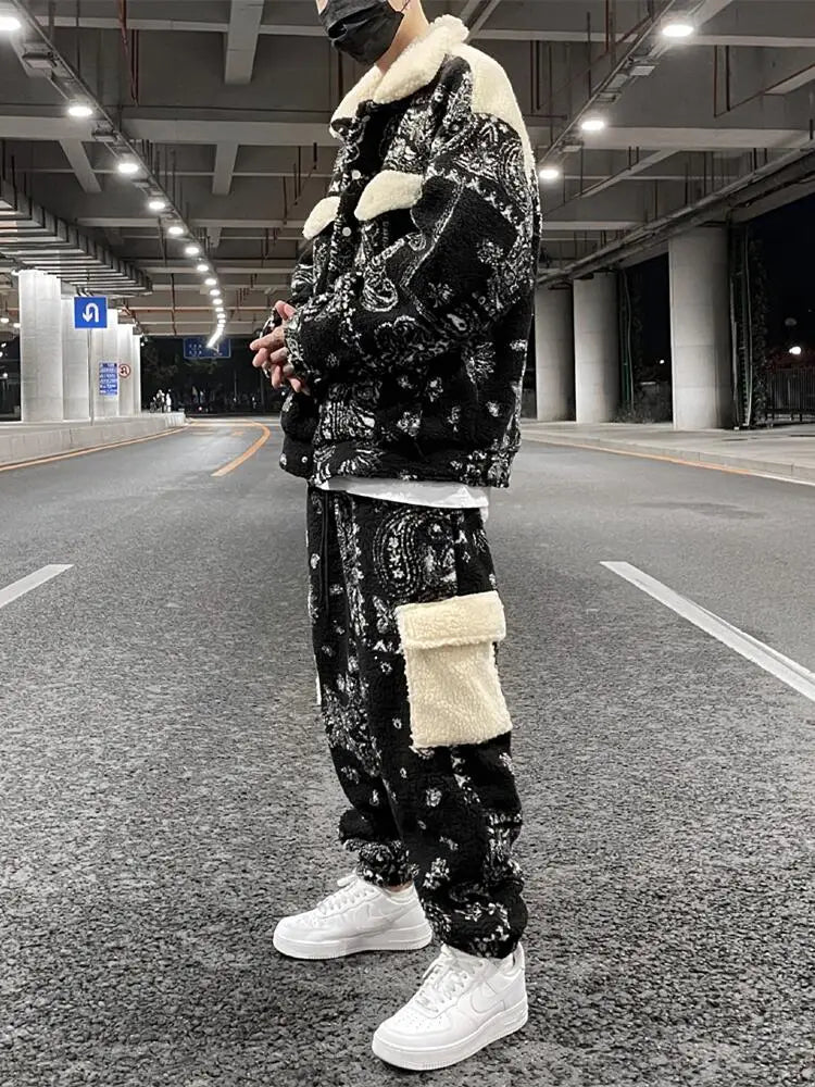 Lamb Fleece Pocket Casual Pants Drawstring Loose Men’s Trousers