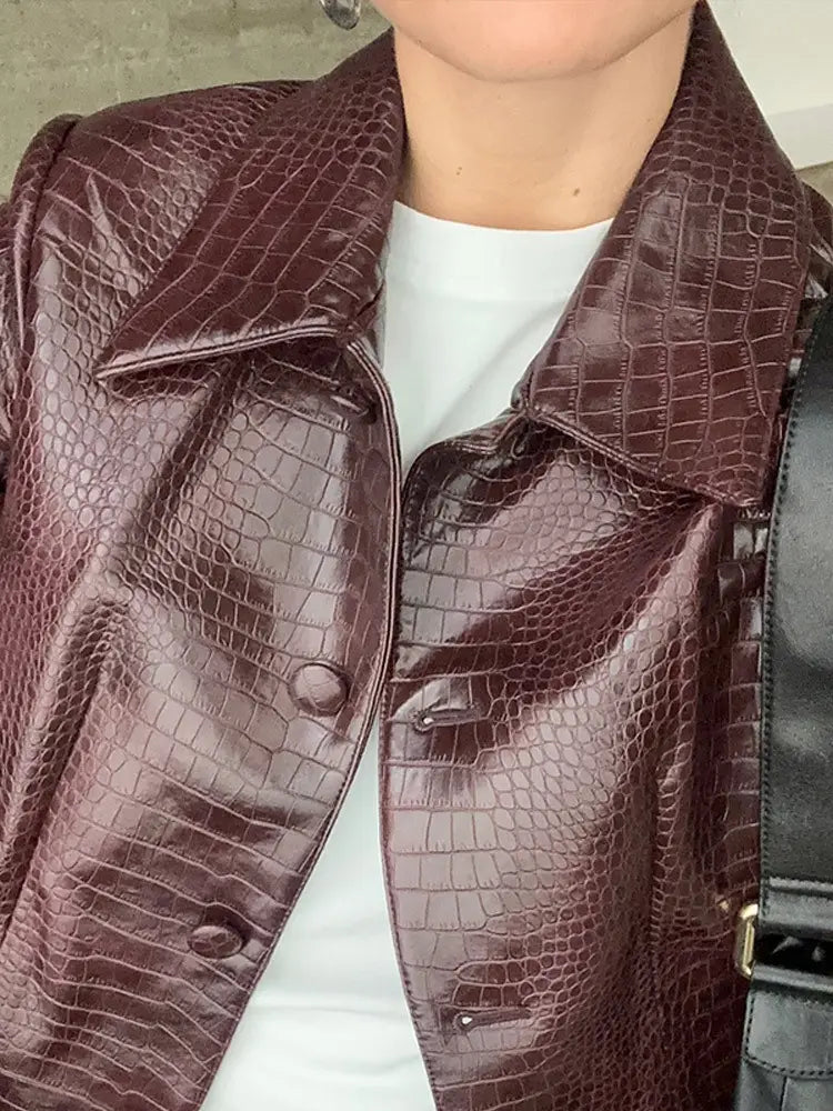 Wine Red Lapel Long Sleeve Leather Coat
