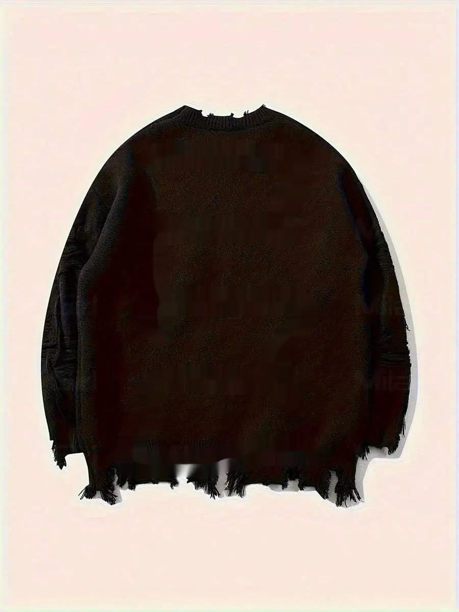 American New Dark Letter Jacquard Ripped Long Sleeves Warm Sweater