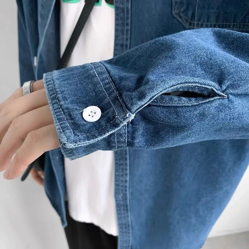 Denim Long Sleeve Shirt Men’s Spring And Autumn Turn-down Collar Coat Japanese Style