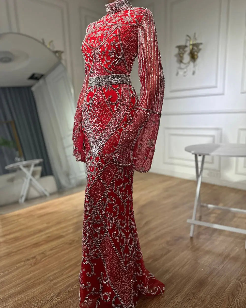 Red High Collar Fishtail Evening Long Dress