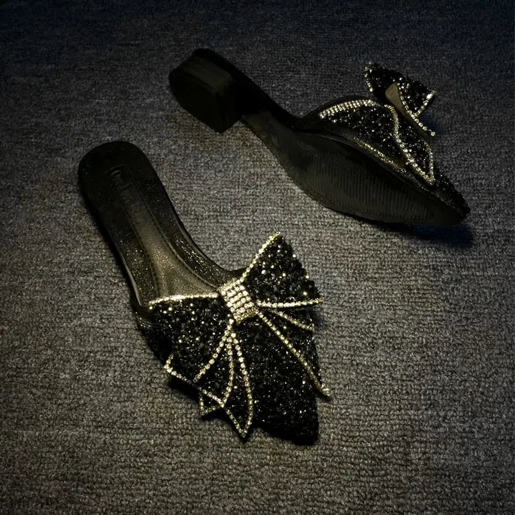 Fashion Women’s Rhinestone Pointed Bow Half Slippers