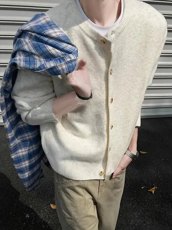 Creamy-white Breasted Knitted Cardigan For Men