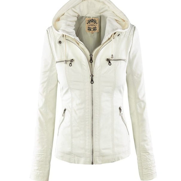 Women’s Detachable Lapel Long Sleeve Solid Color Zipper Leather Jacket Coat