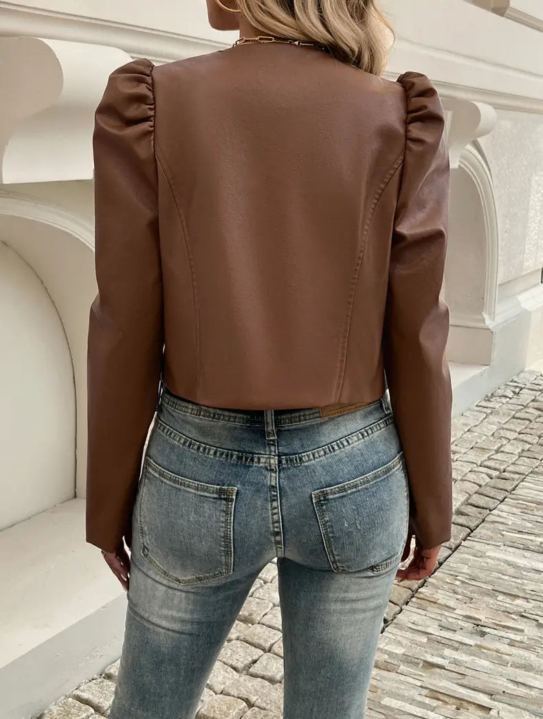 Jacket Women’s Temperament Leisure Cardigan Solid Color Leather Coat